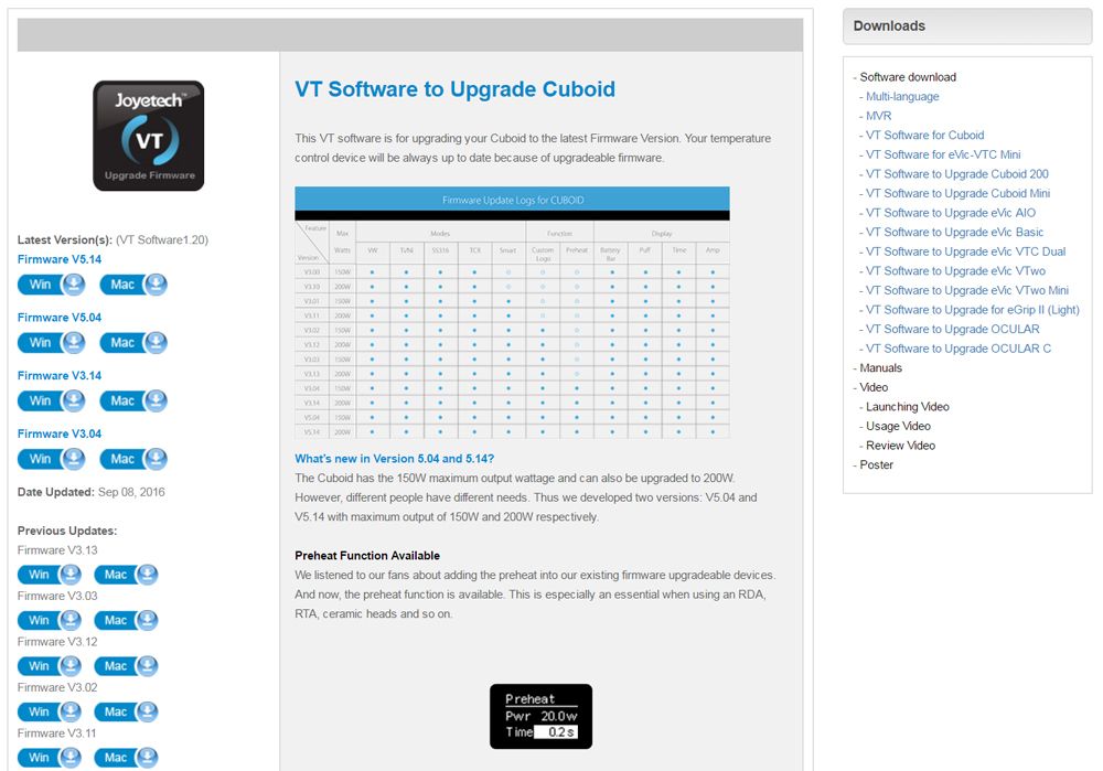 На сторінці VT Software to Upgrade Cuboid список прошивок