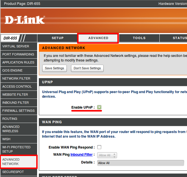 Включення UPnP на роутері D-Link