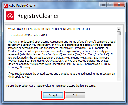 Прийняття умов використання Avira Registry Cleaner