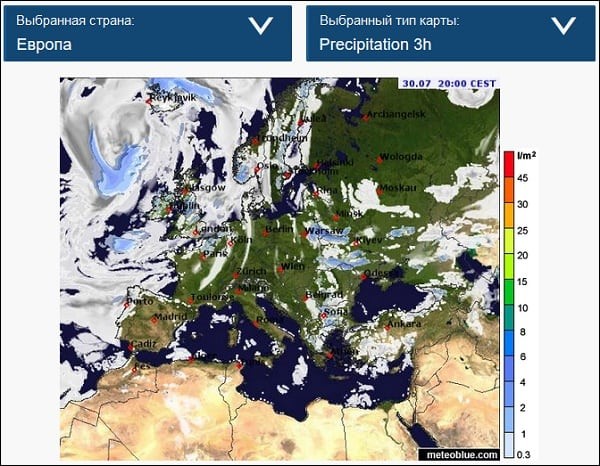 Карта дощів на meteoblue.com