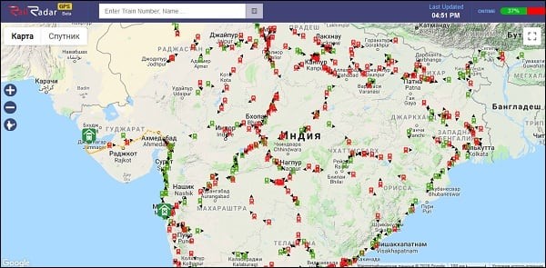 Скріншот паровозних маршрутів в Індії