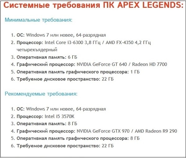 Системні вимоги Apex Legends