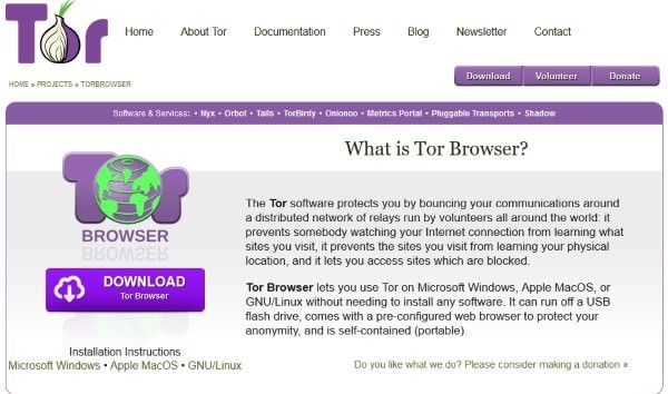 Сайт браузера Tor